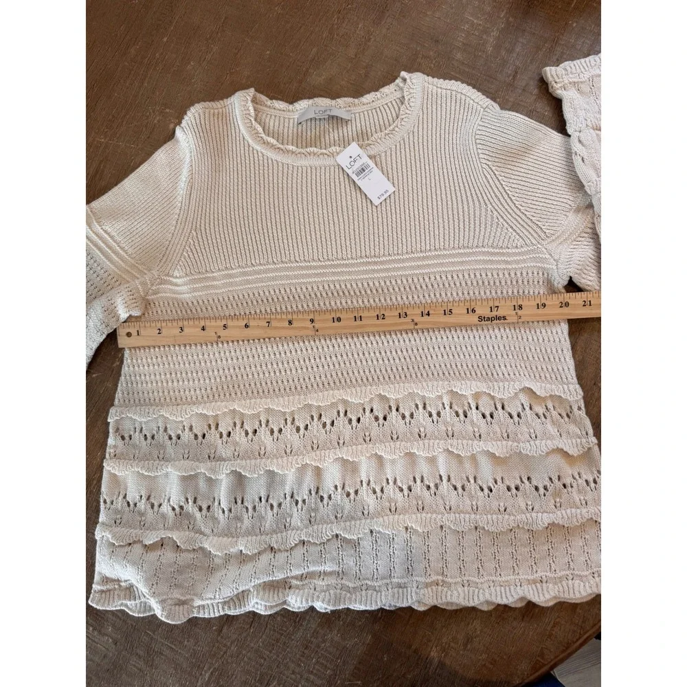 LOFT Cream Cotton Tiered Ruffle Pointelle Sweater Lace Boho L Cottagecore Earthy